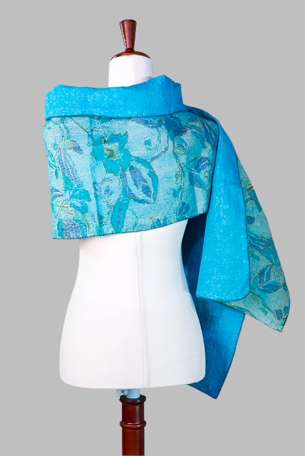 Handcrafted Silk Scarf - Blue Floral Pattern
