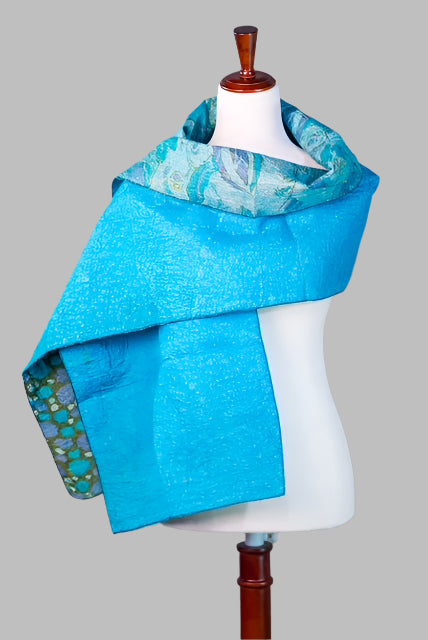 Handcrafted Silk Scarf - Blue Floral Pattern