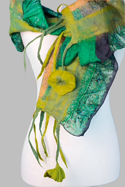 Handcrafted Green and Yellow Felted Scarf