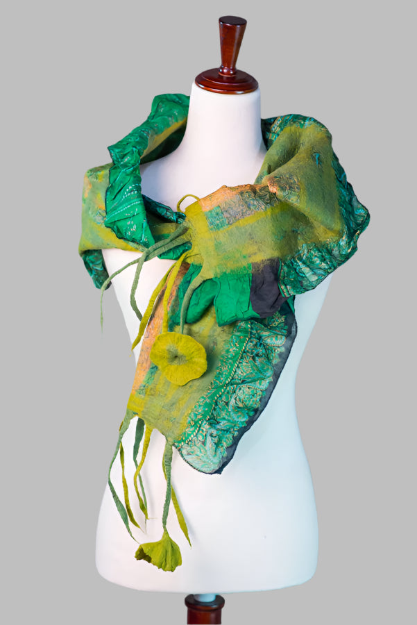 Handcrafted Green and Yellow Felted Scarf