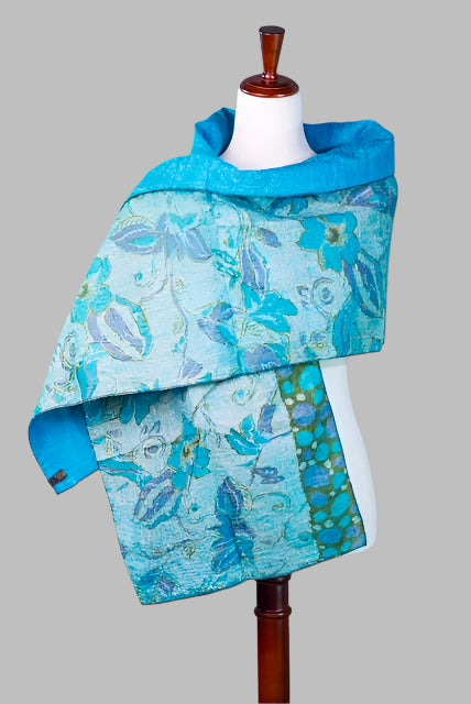 Handcrafted Silk Scarf - Blue Floral Pattern