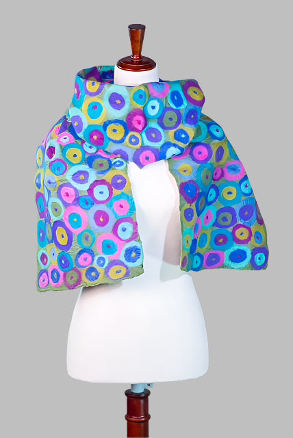 Colorful Felted Wool Scarf with Polka Dot Pattern