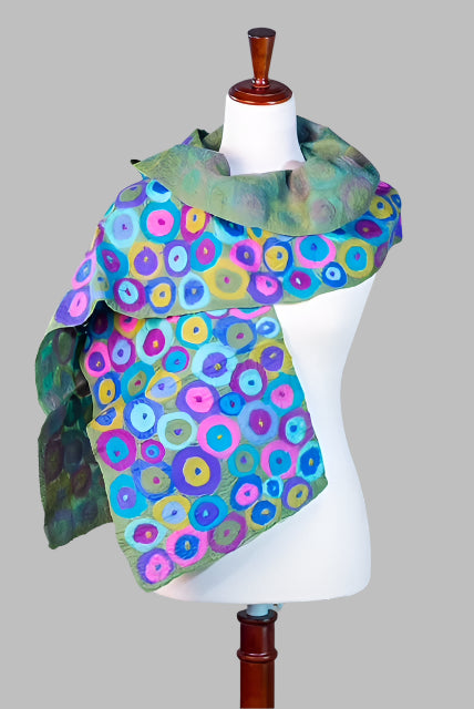 Colorful Felted Wool Scarf with Polka Dot Pattern