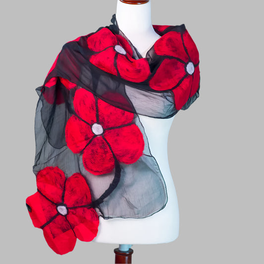 Handcrafted Floral Scarf - Red Poppies on Black