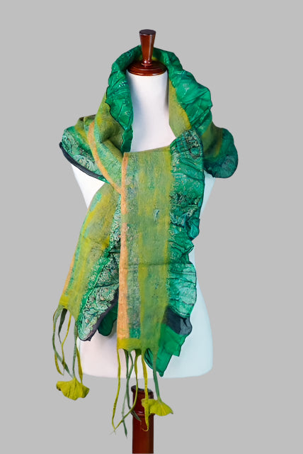 Handcrafted Green and Yellow Felted Scarf